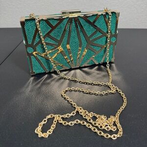 Cariedo Emerald Green Geometric Clutch Handbag Gold Chain Evening Bag
